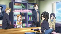  2boys 3girls aoki_yoshifumi bag black_eyes black_hair blazer blue_jacket blue_ribbon brown_hair brown_sweater clubroom computer copyright_name hair_between_eyes hair_ornament hands_in_pockets highres inaba_himeko indoors jacket kiriyama_yui kokoro_connect long_hair looking_at_viewer mole mole_under_mouth multiple_boys multiple_girls nagase_iori neck_ribbon necktie open_mouth pleated_skirt red_necktie ribbon school_bag school_uniform shirt short_hair short_ponytail sitting skirt sweater white_shirt window yaegashi_taichi yamaboshi_private_high_school_uniform yellow_sweater 