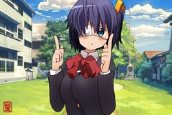  ahoge ani_(aniya) animated animated black_hair blue_eyes blush bouncing_breasts breasts chuunibyou_demo_koi_ga_shitai! eyepatch female icho_private_high_school_uniform looking_at_viewer looping_animation school_uniform short_hair solo sparkling_daydream takanashi_rikka 