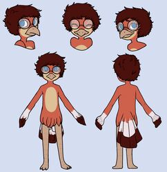  2016 anthro armin_seed avian beak bird blue_eyes blush brown_hair carolina_wren certhioid claws digital_media_(artwork) embarrassed eyewear feathers feet fur glasses hair happy looking_at_viewer male model_sheet multicolored_body multicolored_fur nepsah nude simple_background smile tsundere wren 