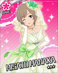  artist_request blue_eyes brown_hair card_(medium) character_name dress elbow_gloves female flower_(symbol) gloves green_dress green_gloves idolmaster idolmaster_cinderella_girls jewelry manaka_misato necklace official_art one_eye_closed pink_background short_hair solo sparkle wedding_dress 