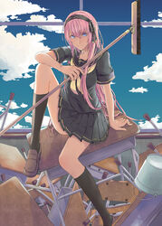  alternate_costume blue_eyes broom bucket cloud commentary_request day desk female hairband jikeshi kneehighs leg_up long_hair megurine_luka on_desk pink_hair school_desk school_uniform serafuku sitting sky smile socks solo vocaloid window 