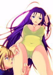  1boy adjusting_hair big_breasts blonde_hair blue_eyes breasts cleavage cloud_strife enokei enoo female female femdom final_fantasy final_fantasy_vii from_below large_breasts leotard long_hair looking_down male malesub pollensalta purple_hair seduction short_hair 