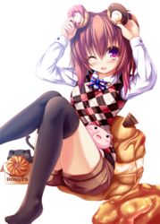  ;d argyle black_thighhighs blush cassini_m_bisuko commentary_request doughnut feline female food holding long_hair looking_at_viewer md5_mismatch one_eye_closed open_mouth original purple_eyes sitting smile solo syroh thighhighs 