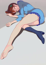  bad_id bad_pixiv_id barefoot blue_dress boots breasts brown_hair chargeman_ken! closed_eyes commentary_request dress feet female frilled_dress frills full_body grey_background hair_ornament hairclip high_heel_boots high_heels highres knees_together_feet_apart lying medium_breasts nagisa-sensei on_side open_mouth parted_lips plantar_flexion short_dress short_hair single_boot sleeping soles solo toes washi_no_tosaka 