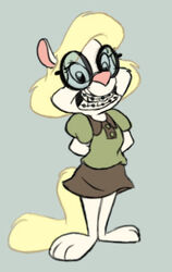  2010 animaniacs anthro avoid_posting biped black_eyes blonde_hair braces clothed clothing eyewear female geek glasses grey_background hair looking_at_viewer low_res mammal minerva_mink mink mustelid musteline nerd pink_nose school_uniform simple_background smile solo spiritto standing student true_musteline uniform warner_brothers white_body young 