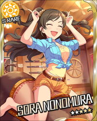  barefoot belt card_(medium) ceiling_fan character_name closed_eyes cowboy_western curtains female fringe_trim front-tie_top gun idolmaster idolmaster_cinderella_girls indoors jpeg_artifacts lever_action mechanical_bull nonomura_sora official_art open_mouth rifle shirt smile solo sun_symbol tied_shirt weapon window 