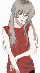  :p act-age bare_arms ebanoniwa female freckles glasses grey_hair head_tilt highres long_hair looking_at_viewer piercing red_shirt round_eyewear sanzaka_nanao shirt simple_background solo tongue tongue_out tongue_piercing twintails white_background yellow_eyes 