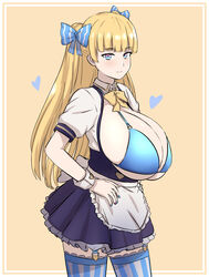  apron bikini bikini_top_only blonde_hair blue_bikini blue_bow blue_eyes blue_nails blue_thighhighs blunt_bangs borrowed_character bow bowtie breasts buttons cleavage closed_mouth commentary cowboy_shot detached_collar dress female frilled_dress frilled_thighhighs frills garter_straps hairbow hand_on_own_hip heart heart_button highres huge_breasts lina_(michihasu) long_hair looking_at_viewer multicolored_eyes multicolored_nails naozuri original pink_nails puffy_short_sleeves puffy_sleeves short_sleeves skirt solo striped_bow striped_clothes striped_thighhighs swimsuit thighhighs vertical-striped_bow vertical-striped_clothes vertical-striped_thighhighs waist_apron white_apron wrist_cuffs yellow_background yellow_bow yellow_bowtie zettai_ryouiki 