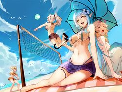  ahoge ball blonde_hair blue_hair breasts cleavage dress grey_hair hair_ornament highres hololive legs long_hair looking_at_viewer medium_breasts momosuzu_nene multiple_girls navel nepolabo omaru_polka outdoors pointy_ears shishiro_botan skirt sue_(bg-bros) summer swimsuit umbrella underboob virtual_youtuber volleyball volleyball_(object) volleyball_net yukihana_lamy 