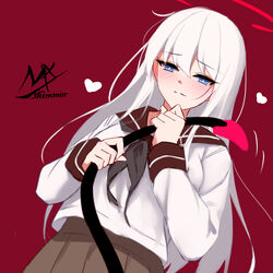  angel_girl_(shimmer) artist_name black-haired_demon_girl_(shimmer) blue_eyes blush brown_sailor_collar brown_skirt closed_mouth commentary_request demon_tail female hair_between_eyes halo heart highres long_hair long_sleeves nose_blush original pleated_skirt red_background sailor_collar school_uniform serafuku shimmer shirt signature simple_background skirt smile solo_focus tail tail_grab very_long_hair white_hair white_shirt 