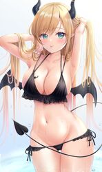  :p absurdres arm_up armpits ass_visible_through_thighs bikini black_bikini black_horns blonde_hair blush breast_tattoo breasts cleavage commentary cowboy_shot demon_girl demon_horns demon_tail demon_wings female green_eyes groin hair_between_eyes halterneck highres holding holding_own_hair hololive horn_ornament horn_ring horns large_breasts long_hair looking_at_viewer navel official_alternate_costume pointy_ears side-tie_bikini_bottom solo standing stomach swept_bangs swimsuit symbol-only_commentary tail tattoo thighhighs tongue tongue_out uni_ikura virtual_youtuber wet wings yuzuki_choco yuzuki_choco_(hololive_summer_2019) 