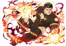  1boy alpha_transparency armband armor bara biceps black_hair bodysuit burnt_clothes facial_hair fighting_stance fire flame_print flaming_hand frown halo male_focus manly mature_male muscular muscular_male naop_(anything) official_art pectorals sandals shirt solo spiked_hair stubble thick_arms thick_eyebrows thick_thighs thighs third-party_source tight_clothes tokyo_afterschool_summoners torn_clothes transparent_background yellow_eyes zabaniyya_(housamo) 