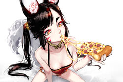  animal_ear_fluff animal_ears asymmetrical_bangs black_hair breasts cheese_trail chinese_clothes choker cleavage downblouse dudou eating english_commentary eyeshadow facial_mark female food fox_ears fox_tail from_above holding holding_food holding_pizza hu-er_(robot_cat) long_hair looking_down makeup original pizza red_eyeshadow robot_cat_(robotcatart) shorts sitting small_breasts solo tail thick_eyebrows twintails whisker_markings white_shorts yellow_eyes 