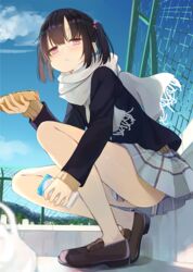  bag bare_legs bare_legs_girl_(kamizaki_hibana) black_hair black_jacket blue_sky blurry blurry_foreground blush brown_footwear brown_sweater chain-link_fence chewing clothes_between_thighs cloud cloudy_sky day dot_nose female fence floating floating_scarf food fringe_trim from_below hair_tie holding holding_food jacket kamizaki_hibana layered_clothes long_sleeves looking_at_viewer milk_carton mountain no_socks original outdoors plaid plaid_skirt plastic_bag pleated_skirt purple_eyes rooftop sandwich scarf school_uniform shoes short_hair short_twintails skirt sky sleeves_past_wrists solo squatting sunlight sweater thighs twintails white_scarf wind yakisoba yakisobapan 