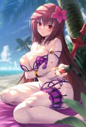  bad_id bad_pixiv_id bare_shoulders beach bikini blue_sky blush bracelet breasts cleavage collarbone day emanon123 fate/grand_order fate_(series) female flower gae_bolg_(fate) hair_flower hair_intakes hair_ornament hibiscus highres jewelry large_breasts looking_at_viewer navel outdoors palm_tree polearm purple_bikini purple_hair red_eyes scathach_(fate) scathach_(swimsuit_assassin)_(fate) sitting sky smile solo spear swimsuit thighs tree wariza weapon 