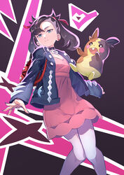  absurdres asymmetrical_bangs black_choker black_jacket black_nails blue_eyes brown_hair choker closed_mouth dress earrings female frown hair_ribbon highres ibaraki_shun jacket jewelry long_hair long_sleeves marnie_(pokemon) morpeko morpeko_(full) nail_polish open_clothes open_jacket pink_dress pokemon pokemon_(creature) pokemon_swsh red_ribbon ribbon short_dress twintails 