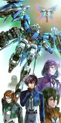  00_gundam 00_raiser 0_gundam 5boys allelujah_haptism bad_id bad_twitter_id black_hair blue_jacket brown_gloves brown_hair celestial_being_uniform dual_wielding glasses gloves green_eyes gun gundam gundam_00 highres holding jacket kim_yura_(goddess_mechanic) lockon_stratos lyle_dylandy mecha medium_hair multiple_boys neil_dylandy purple_hair red_eyes robot setsuna_f._seiei tieria_erde weapon yellow_eyes 