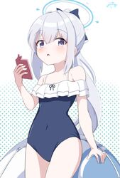  black_one-piece_swimsuit blue_archive blue_halo blush cellphone collarbone covered_navel cowboy_shot female flat_chest frilled_one-piece_swimsuit frills grey_hair hair_between_eyes halo highres holding holding_phone inakami long_hair miyako_(blue_archive) miyako_(swimsuit)_(blue_archive) official_alternate_costume one-piece_swimsuit open_mouth phone ponytail purple_eyes smartphone solo swimsuit 