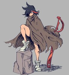  absurdres alternate_costume black_hair brown_cape brown_cloak cape cloak commentary disheveled english_commentary female full_body haidenisa hair_over_one_eye highres kill_la_kill long_bangs matoi_ryuuko multicolored_hair naked_cloak no_pants official_alternate_costume one_eye_covered planted planted_sword red_hair revealing_clothes sanpaku scissor_blade_(kill_la_kill) scowl short_hair simple_background solo streaked_hair sword thighs torn_cape torn_cloak torn_clothes two-tone_hair weapon white_footwear 