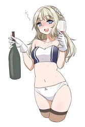  alcohol blonde_hair blue_eyes blush bottle braid breasts brown_thighhighs commentary_request crop_top cropped_legs cup drinking_glass drunk female gloves holding holding_bottle holding_cup kantai_collection long_hair looking_at_viewer medium_breasts open_mouth panties ranger_(kancolle) side_braids simple_background solo squeans strapless tamu_(mad_works) thighhighs underwear white_background white_gloves white_panties wine wine_bottle wine_glass 