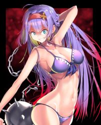  absurdres ahoge ball_and_chain_(weapon) bikini blue_eyes breasts clarissa_(epic_seven) commentary covered_nipples english_commentary epic_seven female grin hairband hand_in_own_hair highres hip_bones holding holding_weapon linea_alba long_hair looking_at_viewer navel purple_bikini purple_hair red_hairband rpg_(ram) sharp_teeth smile solo spiked_ball_and_chain swimsuit teeth weapon 