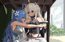  2girls absurdres ahoge aiming armpits bad_id bad_twitter_id blue_hair blue_skirt breasts corset flower grey_eyes grey_hair gun hair_behind_ear hair_flower hair_ornament hand_on_another&#039;s_shoulder handgun heart heart_ahoge highres holding holding_gun holding_weapon hololive jaaku_taro large_breasts long_hair looking_down multiple_girls navel papers pointy_ears shishiro_botan shishiro_botan_(1st_costume) skirt smile training very_long_hair virtual_youtuber weapon white_flower yellow_eyes yukihana_lamy yukihana_lamy_(1st_costume) 