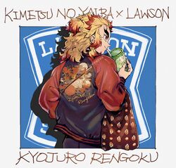  1boy absurdres alternate_costume bag black_jacket blonde_hair character_name copyright_name cup drinking_straw food forked_eyebrows from_behind highres holding holding_cup holding_food jacket kimetsu_no_yaiba lawson male_focus medium_hair multicolored_clothes multicolored_hair multicolored_jacket poroi_(poro586) red_eyes red_hair red_jacket rengoku_kyoujurou solo thick_eyebrows two-tone_hair v-shaped_eyebrows 