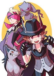  2boys :d absurdres animal_hands ascot banette black_gloves black_headwear blonde_hair buttons cape closed_mouth commentary_request eyelashes gloves grey_shirt hand_on_own_hip hands_up hat headband highres hilbert_(fall_2020)_(pokemon) hilbert_(pokemon) jewelry long_sleeves male_focus meiji_(meijihoney) mightyena morty_(fall_2021)_(pokemon) morty_(pokemon) multiple_boys necklace official_alternate_costume open_mouth pants paw_gloves pokemon pokemon_(creature) pokemon_masters_ex shirt short_hair short_sleeves smile teeth tongue upper_teeth_only vest white_ascot 