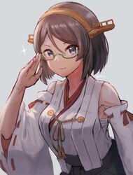  black_eyes black_hair black_skirt commentary_request detached_sleeves female glasses green-framed_eyewear grey_background hairband kantai_collection kirishima_(kancolle) nontraditional_miko partial_commentary salute short_hair simple_background skirt smile solo sparkle upper_body wss_(nicoseiga19993411) 