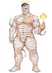  1boy abs alpha_transparency bandage_over_one_eye bandages bara black_hair burnt facial_hair frown full_body half-closed_eyes halo large_pectorals male_focus manly mature_male mummy_costume muscular muscular_male naop_(anything) nipples official_alternate_costume official_art pectorals solo sparkle spiked_hair stubble thick_arms thick_thighs thighs third-party_source tight_clothes tokyo_afterschool_summoners transparent_background yellow_eyes zabaniyya_(halloween)_(housamo) zabaniyya_(housamo) 