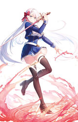  absurdres belt black_necktie blue_eyes blue_skirt bow breasts earrings excalibur_academy_uniform female hairbow high_heels highres holding holding_sword holding_weapon jewelry large_breasts long_hair long_sleeves looking_at_viewer magic_circle miniskirt necktie rapier red_bow resized riselia_ray_crystalia school_uniform seiken_gakuin_no_maken_tsukai skirt sword thighhighs third-party_source toosaka_asagi upscaled weapon white_belt white_hair 