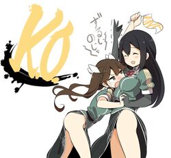  2girls arm_up bad_id bad_twitter_id between_breasts black_hair breasts brown_eyes brown_hair chikuma_(kancolle) chikuma_kai_ni_(kancolle) closed_eyes commentary_request elbow_gloves gloves head_between_breasts holding_hands interlocked_fingers kantai_collection long_hair medium_breasts multiple_girls no_panties open_mouth pelvic_curtain reaching shiyoo single_elbow_glove smile tears tone_(kancolle) tone_kai_ni_(kancolle) translation_request trembling twintails 