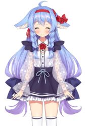  ^_^ animal_ear_fluff animal_ears bad_id bad_pixiv_id black_bow black_skirt blue_bow blue_hair blush bow braid chobi_(penguin_paradise) closed_eyes closed_mouth collared_shirt commentary_request cowboy_shot dress_shirt ear_bow facing_viewer female flower frilled_skirt frills gradient_hair hair_ribbon hairband hairbow highres indie_virtual_youtuber long_hair long_sleeves multicolored_hair puffy_long_sleeves puffy_sleeves purple_hair red_bow red_flower red_hairband red_ribbon red_rose ribbon rose see-through see-through_sleeves shirt simple_background skirt sleeves_past_wrists solo standing tanase_chobi thighhighs twin_braids very_long_hair virtual_youtuber white_background white_shirt white_thighhighs 