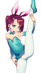  animal_ears armpits bare_shoulders brown_hair china_dress chinese_clothes covered_navel detached_collar detached_sleeves dress earrings expressionless fake_animal_ears female flat_chest flats foot_out_of_frame green_eyes hairband highres jewelry leg_lift leg_up looking_at_viewer om_(nk2007) pantyhose rabbit_ears saru_getchu sayaka_(saru_getchu) short_dress short_twintails simple_background solo split standing standing_on_one_leg standing_split twintails white_background white_pantyhose 