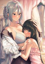  2girls absurdres bad_id bad_pixiv_id banana_oekaki bare_shoulders black_hair black_skirt blue_eyes blunt_bangs blush bra braid braided_hair_rings breasts cleavage closed_mouth clothes_hanger collarbone dress eye_contact frilled_dress frills glasgow_smile grey_bra grey_hair hair_between_eyes hair_rings hand_on_another&#039;s_shoulder head_on_chest height_difference highres hug indoors kasumi_(urasekai_picnic) large_breasts long_hair long_sleeves looking_at_another looking_up multicolored_hair multiple_girls off_shoulder open_clothes open_shirt pink_dress pink_hair pleated_skirt scar scar_on_face school_uniform serafuku shirt skirt sleeveless sleeveless_dress smile strap_slip streaked_hair twintails two-tone_hair underwear urasekai_picnic urumi_luna very_long_hair white_shirt yuri 