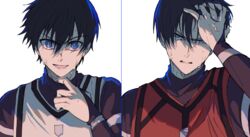  2boys absurdres angry black_hair blue_eyes blue_lock commentary_request glaring highres isagi_yoichi itoshi_rin looking_at_another male_focus multiple_boys partial_commentary short_hair soccer_uniform sportswear sweat sweatdrop toramaru_(696anna) 