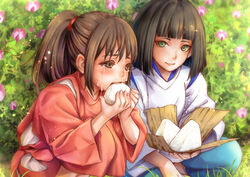  1boy blunt_bangs bob_cut brown_eyes brown_hair crying crying_with_eyes_open derivative_work eating female flower food green_eyes haku_(sen_to_chihiro_no_kamikakushi) japanese_clothes kimono kodue55 lolicon ogino_chihiro onigiri outdoors ponytail screenshot_redraw sen_to_chihiro_no_kamikakushi short_hair sitting squatting tears 