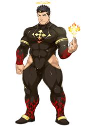  1boy abs alpha_transparency armband bara biceps black_hair bodysuit bulge clenched_hand facial_hair fire flame_print frown full_body half-closed_eyes halo large_pectorals male_focus manly mature_male muscular muscular_male naop_(anything) official_alternate_costume official_art pectorals sandals solo sparkle spiked_hair stubble thick_arms thick_eyebrows thick_thighs thighs third-party_source tight_clothes tokyo_afterschool_summoners transparent_background yellow_eyes zabaniyya_(housamo) 