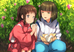  1boy blunt_bangs bob_cut crying crying_with_eyes_open day derivative_work eating female flower food haku_(sen_to_chihiro_no_kamikakushi) highres japanese_clothes lolicon looking_at_another medium_hair miyabi_(miyabeeya) ogino_chihiro onigiri outdoors pink_flower ponytail screenshot_redraw sen_to_chihiro_no_kamikakushi short_hair sidelocks squatting tears 