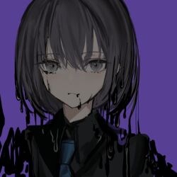  black_shirt blue_necktie bob_cut closed_mouth collared_shirt female grey_eyes grey_hair highres looking_at_viewer narue necktie original purple_background shirt simple_background slime_(substance) solo wing_collar 