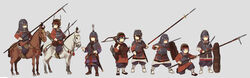  6+girls animal armor arrow_(projectile) black_hair blue_eyes brown_eyes brown_hair china chinese_armor chinese_commentary chinese_empire fangdan_runiu full_armor hair_over_one_eye han_dynasty helmet highres holding holding_polearm holding_shield holding_sword holding_weapon horse ji_(weapon) lamellar_armor looking_at_viewer multiple_girls original polearm purple_eyes quiver red_eyes riding sandals sheath sheathed shield spear sword weapon white_legwear 