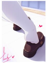  absurdres bad_id bad_pixiv_id belt belt_buckle blurry blurry_background border brown_footwear buckle cabinet commentary feet feet_only female foot_focus heart highres indoors original pantyhose putting_on_shoes shadow shoe_belt shoes signature single_shoe soles solo tile_floor tiles white_border white_pantyhose wooden_floor yao_(pixiv9482697) 