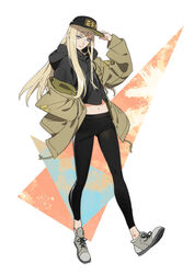  baseball_cap black_hoodie black_pants blonde_hair blue_eyes closed_mouth female full_body gigi_andalusia grey_footwear gundam gundam_hathaway&#039;s_flash hat highres hood hood_down hoodie jacket leggings long_hair long_sleeves looking_at_viewer midriff navel open_clothes open_jacket pants ryota-h shoes smile solo 