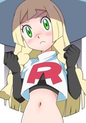  blonde_hair blush braid clenched_hands closed_mouth commentary_request cosplay elbow_gloves eyelashes female frown gloves green_eyes hainchu hands_up hat highres jacket jessie_(pokemon) jessie_(pokemon)_(cosplay) lillie_(pokemon) logo long_hair midriff navel pokemon pokemon_(anime) pokemon_sm_(anime) solo sun_hat sweatdrop team_rocket team_rocket_uniform twin_braids undershirt white_jacket 