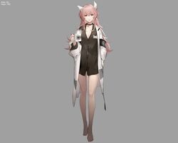  aged_up animal_ears armband barefoot black_shirt breasts cat_ears coffee_mug commentary cup female full_body girls&#039;_frontline girls&#039;_frontline_2:_exilium lab_coat long_hair looking_at_viewer messy_hair mug name_tag no_pants official_art persica_(girls&#039;_frontline) pink_hair red_eyes shirt solo third-party_source toes 