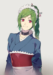  black_choker blue_kimono braid braided_ponytail choker closed_mouth collarbone female frilled_kimono frills gintama green_hair grey_background hair_ornament hairpin ibaraki_shun japanese_clothes kimono long_hair looking_at_viewer maid_headdress parted_bangs red_eyes simple_background smile solo standing tama_(gintama) upper_body 