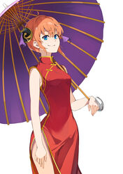  ahoge blue_eyes breasts brown_hair china_dress chinese_clothes closed_mouth cowboy_shot double_bun dress female gintama hair_between_eyes hair_bun highres holding holding_umbrella ibaraki_shun kagura_(gintama) medium_breasts oil-paper_umbrella purple_umbrella red_dress short_hair side_slit simple_background sleeveless sleeveless_dress smile solo standing umbrella white_background wide_hips 