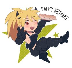  black_gloves black_overalls blonde_hair breasts cleavage dorohedoro dumpling female food full_body gloves happy_birthday horns large_breasts morphin_e nikaidou_(dorohedoro) open_mouth overalls ponytail red_eyes sideboob smile solo w 