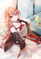  :o black_jacket breasts camisole cleavage commentary_request commission cup female hair_between_eyes hand_up highres jacket long_hair looking_at_viewer medium_breasts off_shoulder open_clothes open_jacket open_mouth orange_hair original pillow red_eyes saiko_(saisaka) saucer short_shorts short_sleeves shorts skeb_commission solo spoon tea teacup teapot translation_request very_long_hair white_camisole white_shorts wide_sleeves 