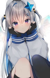  absurdres amane_kanata amane_kanata_(work) angel angel_wings asymmetrical_bangs asymmetrical_hair asymmetrical_legwear beret blue_hair blue_wings colored_inner_hair feathered_wings female gloves gradient_wings grey_hair grey_jacket hair_ornament hair_over_one_eye hairclip hat highres hololive jacket kneeling long_hair long_sleeves mini_wings mismatched_legwear moemoepiano multicolored_hair multicolored_wings official_alternate_hair_length official_alternate_hairstyle partially_fingerless_gloves purple_eyes single_hair_intake solo streaked_hair two_side_up virtual_youtuber white_wings wings 